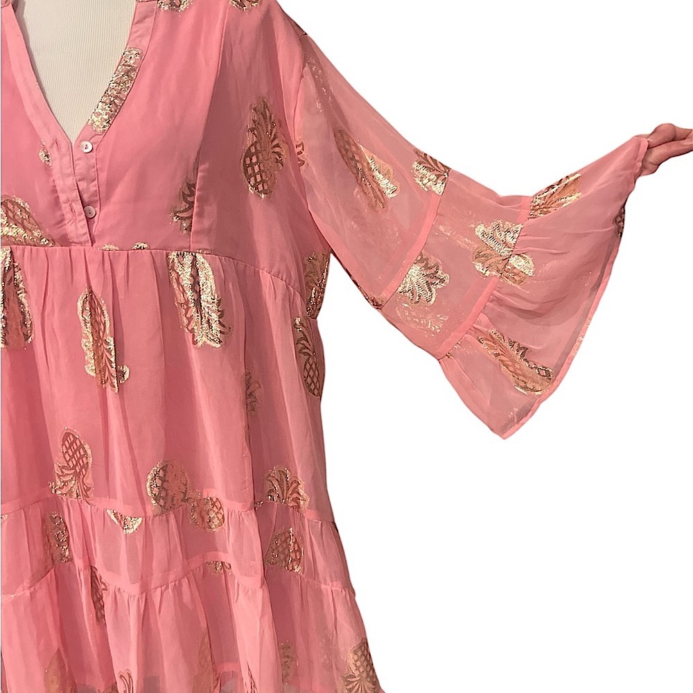 Simply Southern pink gauzy tiered short dress foiled tinsel gold pineapples XXL - Picture 2 of 13